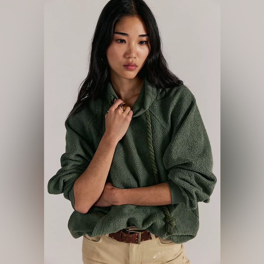 New Free People We The Free Oil Green Looped In Hoodie Sweatshirt Blouse sz S